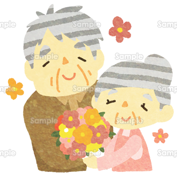 花束を抱える老夫婦
