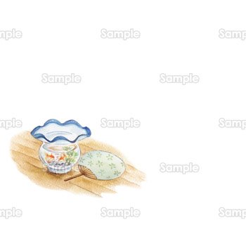 金魚鉢とうちわのハガキ背景-ヨコ