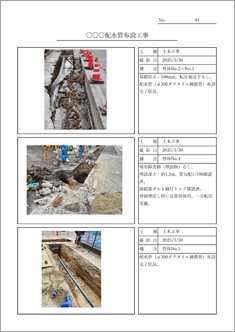 工事写真報告書(写真左・工種/撮影日/測点)