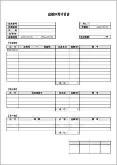 出張旅費精算書（交通費／宿泊費／その他）