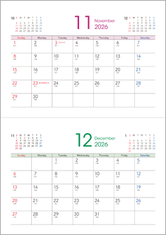 卓上カレンダー（月間ブロックタイプ）11・12月