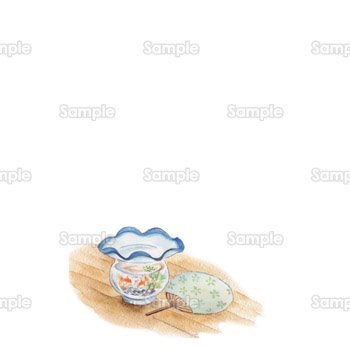金魚鉢とうちわのハガキ背景-タテ