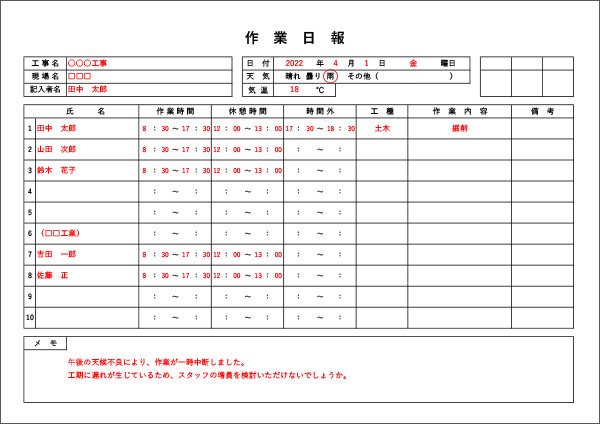 作業日報記入見本