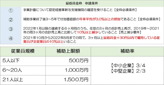 最低賃金枠の主要要件表