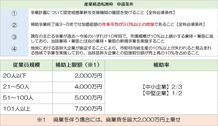 産業構造転換枠の主要要件表