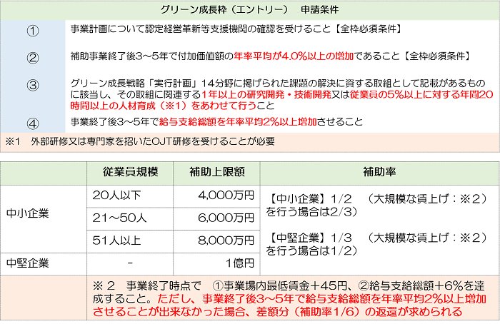 グリーン成長枠（エントリー）の主要要件表