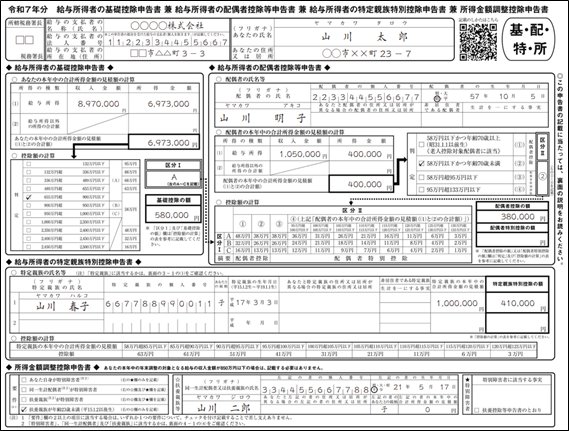 令和7年分　給与所得者の基礎控除申告書 兼 給与所得者の配偶者控除等申告書 兼 給与所得者の特定親族特別控除申告書 兼 所得金額調整控除申告書