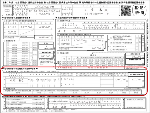 「特定親族特別控除申告書」の欄が新設