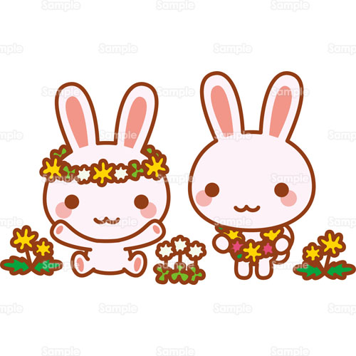 兎 ウサギ 花畑 たんぽぽ クローバー 花飾り 野草 のイラスト 005 0397 クリエーターズスクウェア