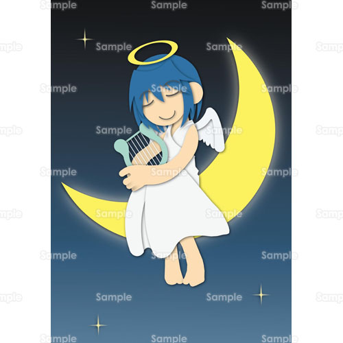 夜空 天使 女の子 妖精 月 竪琴 音楽 のイラスト 071 0003