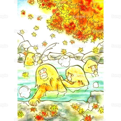 さる サル 猿 紅葉 もみじ 温泉 お風呂 のイラスト 123 0005 クリエーターズスクウェア