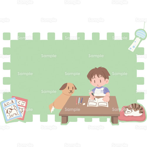 宿題 絵日記 男の子 犬 猫 イヌ ネコ ちゃぶ台 風鈴 のイラスト 161 0154 クリエーターズスクウェア