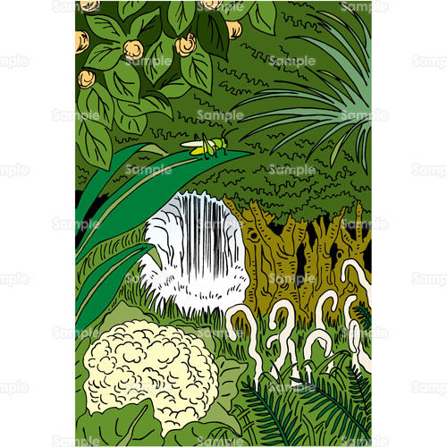 熱帯雨林 ジャングル 森 バッタ 滝 花 デフォルメ ジャングル 木 のイラスト 178 0068 クリエーターズスクウェア